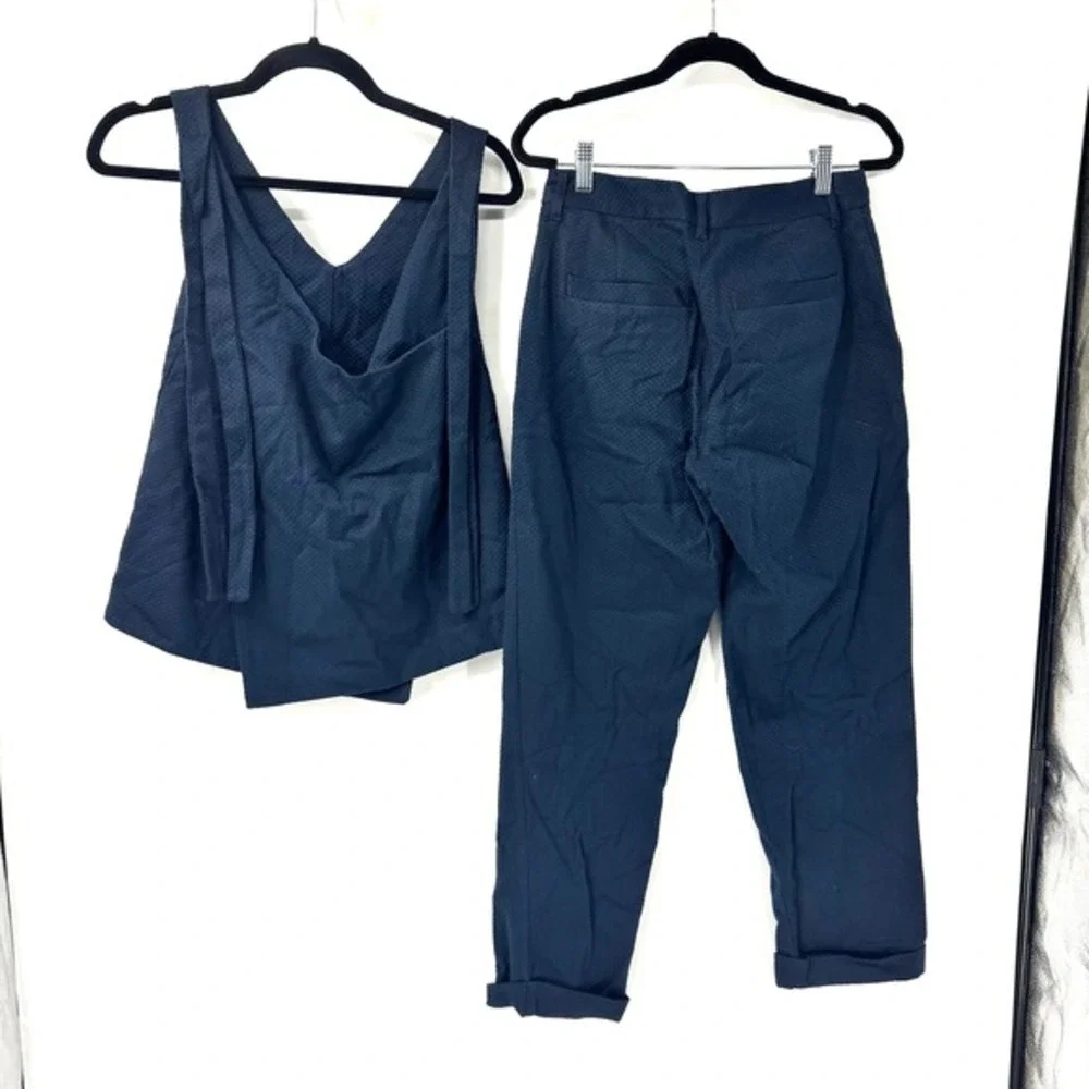 Kowtow‎ Knotted Tie Top and Edition Pants in Navy Blue Basketweave Matching Set